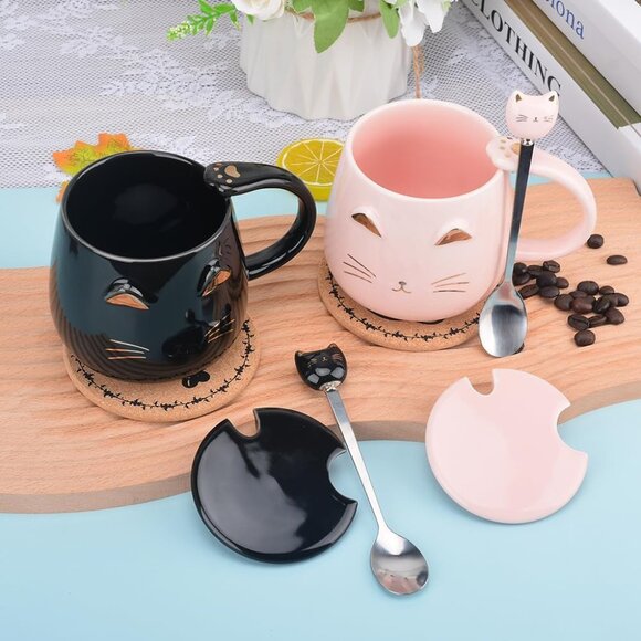 Pink Ceramic Coffee mug Cute Cat Handmade Tea Cups with Stainless Steel Spoon Ki - Picture 2 of 7